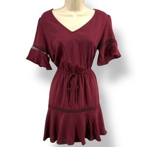 Wine Red V Neck Flutter Sleeve Lace Trim Fit Flare Dress M‎ City Studio